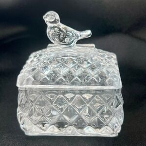Vintage Clear Pressed Glass Trinket Box Bird Finial Diamond Point Pattern 3in